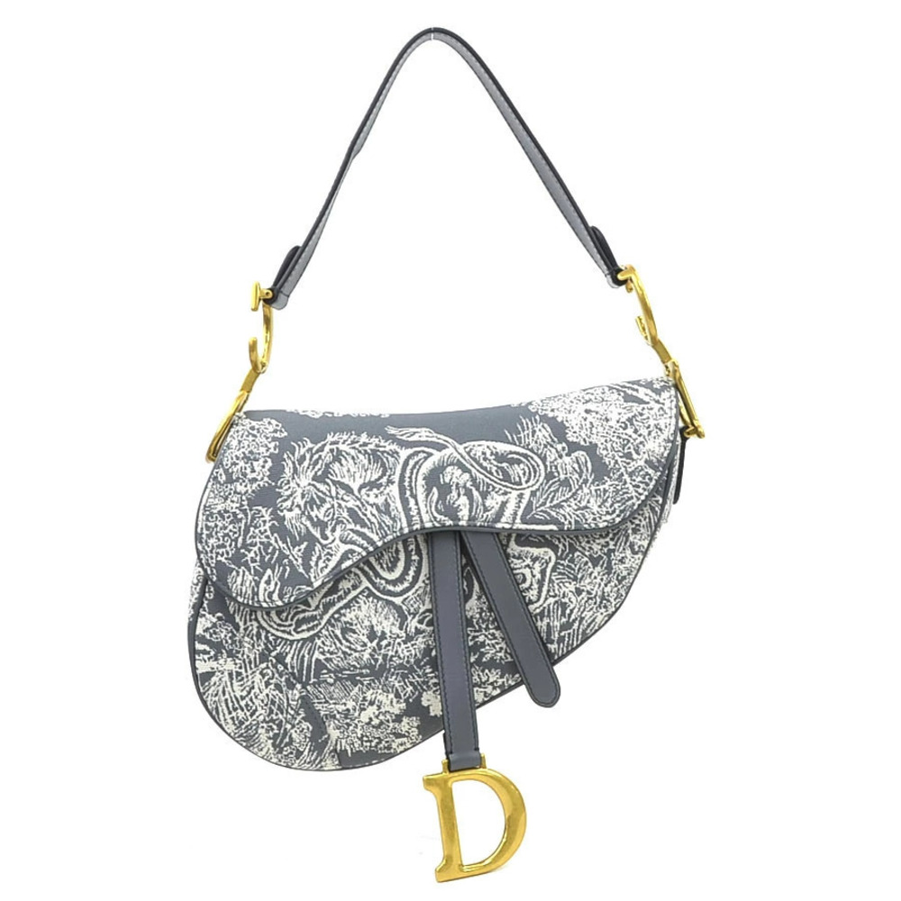 Christian Dior Saddle Toile De Jouy Canvas Leather Shoulder Bag Gold Gray
